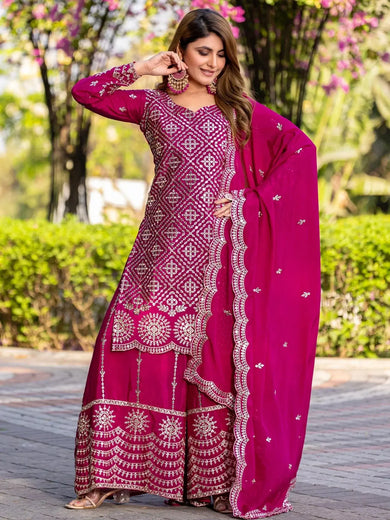 Stunning Pink Chinon Thread Embroidered Wedding Wear Palazzo Suit - Ethnic Plus In